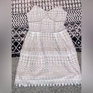 Lace Overlay A-Line Dress in Tan and White